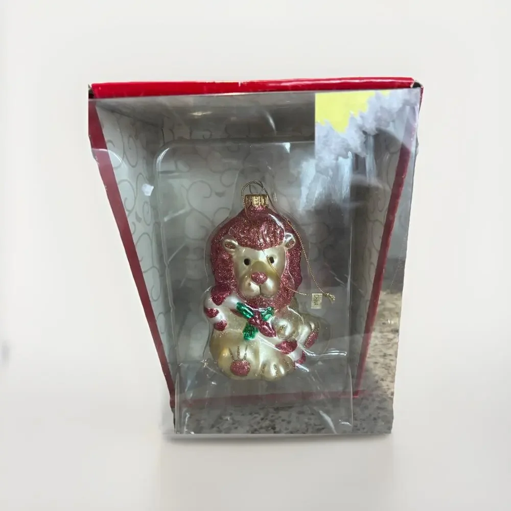 Fitz And Floyd Lion with Candy Cane Glass Ornament - Remembering Santa Lion